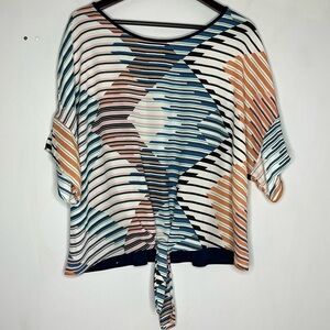 PerSeption Size 1X Women's Tie Front Boxy Blouse Mixed Fabric Criss Cross Back